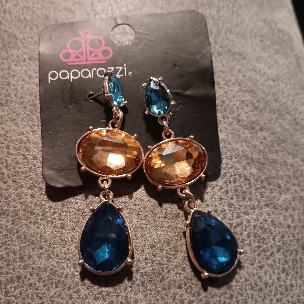 Paparazzi Blue and Gold Teardrop Earrings with Faceted Crystals
